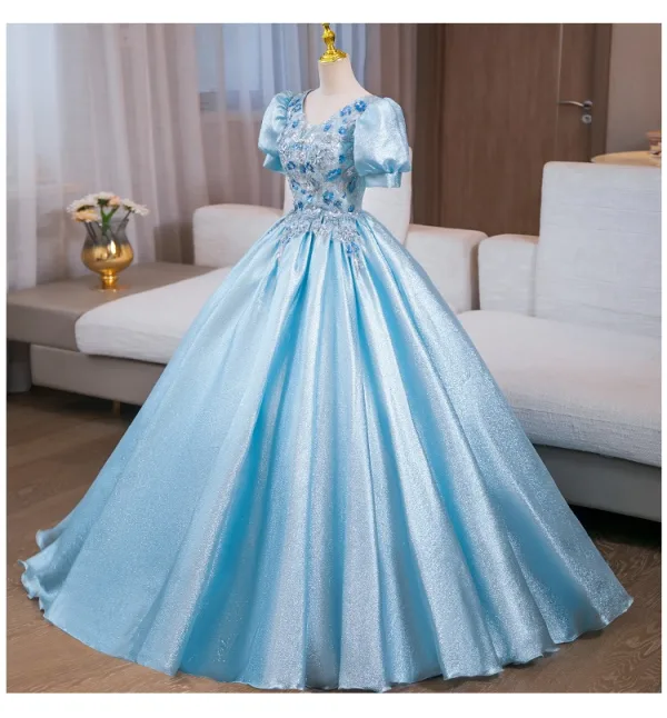 Elegant Gold Sequins Rhinestone Prom Dresses 2024 Ball Gown V-Neck Short Sleeve Backless Floor-Length / Long Prom Formal Dresses