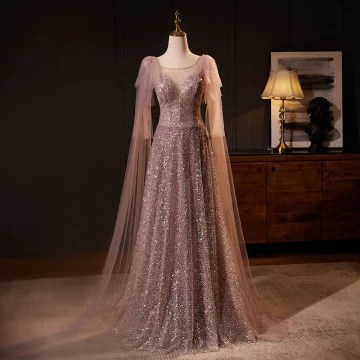 Sparkly Blushing Pink Sequins Prom Dresses 2024 A Line Princess Scoop Neck Short Sleeve Backless Floor Length Long Prom Formal Dresses