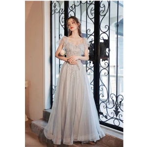 Charming Grey Tassel Sequins Prom Dresses 2022 A Line Princess Square Neckline Short Sleeve Backless Floor Length Long Prom Formal Dresses