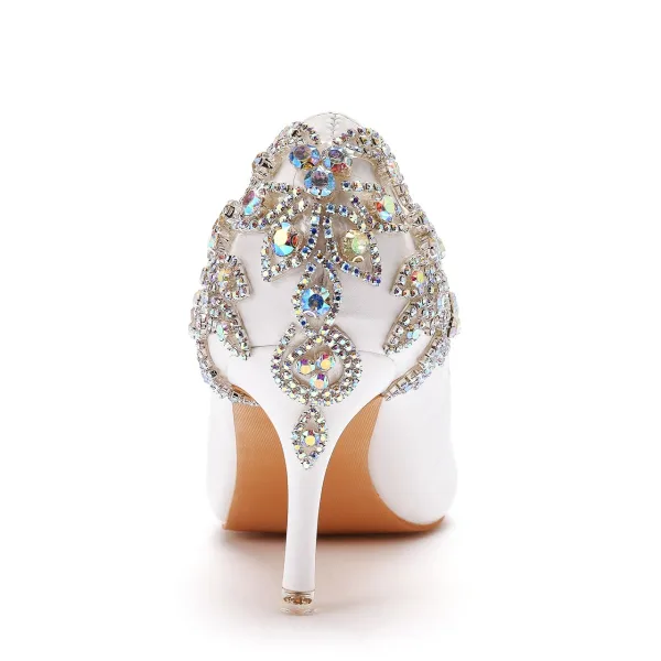 Charmant Witte Rhinestone Bruidsschoenen 2023 7 cm Naaldhakken / Stiletto Spitse Neus Huwelijk Pumps Hoge Hakken