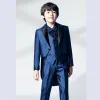 Navy Blue 5-piece Long Sleeve Boys Wedding Suits 2022 Coat Pants Shirt Tie Vest Wedding