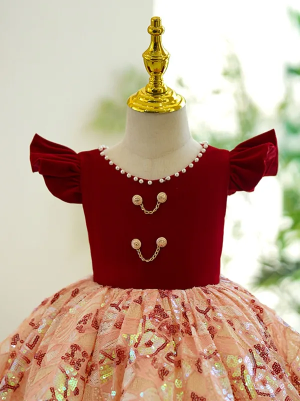 Chic / Beautiful Burgundy Pearl Sequins Short Flower Girl Dresses 2023 Ball Gown Birthday Scoop Neck Sleeveless Backless