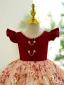 Chic / Beautiful Burgundy Pearl Sequins Short Flower Girl Dresses 2023 Ball Gown Birthday Scoop Neck Sleeveless Backless