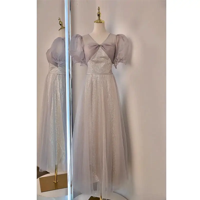 Modest Simple Champagne Bow Sequins Bridesmaid Dresses 2022 A-Line Princess Short Sleeve Modest Simple Champagne Bow Sequins Bridesmaid Dresses 2022 A-Line Princess Short Sleeve