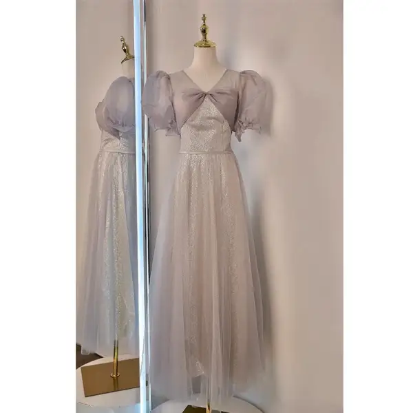 Simple Champagne Noeud Paillettes Robe Demoiselle D'honneur 2022 Princesse De l'épaule Manches Courtes Dos Nu Longue Robe Demoiselle D'honneur