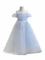Chic / Beautiful Sky Blue Appliques Beading Pearl Sequins Birthday Flower Girl Dresses 2024 A-Line / Princess Scoop Neck Short Sleeve Tulle Floor-Length / Long