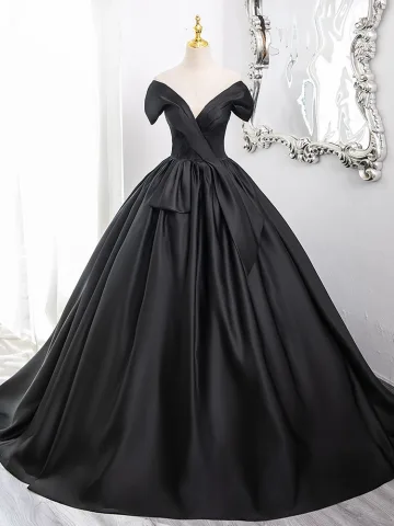 Élégant Noire Satin Robe De Bal 2024 Robe Boule De L Épaule Sans Manches Dos Nu Longue Promo Robe De Ceremonie