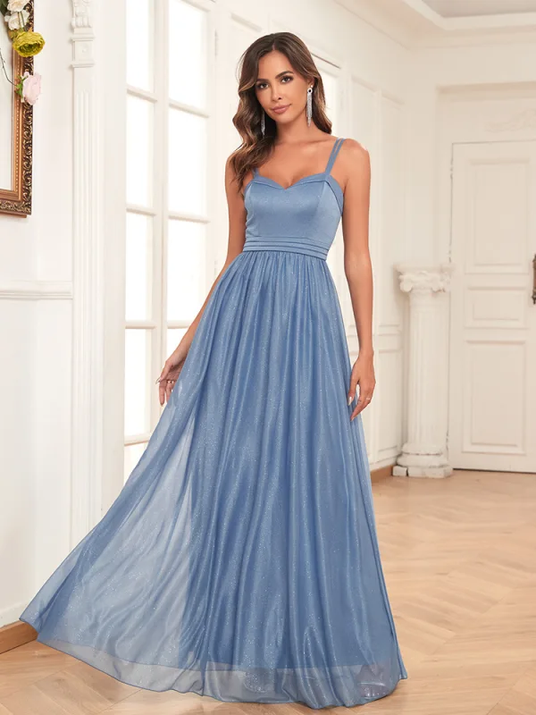 Modest / Simple Sky Blue Prom Dresses 2024 A-Line / Princess Spaghetti Straps Sleeveless Backless Floor-Length / Long Prom Formal Dresses