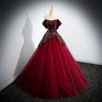 Chic Belle Bordeaux Paillettes Robe De Bal 2024 Robe Boule Bustier Sans Manches Dos Nu Longue Promo Robe De Ceremonie