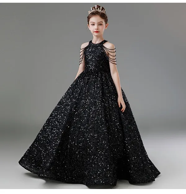 Bling Bling Black Beading Sequins Birthday Flower Girl Dresses 2024 Ball Gown Scoop Neck Sleeveless Backless Floor-Length / Long