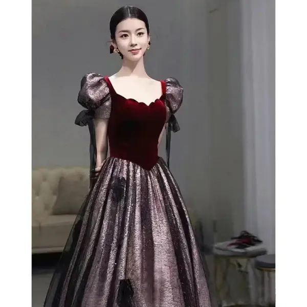Elegant Burgundy Suede Prom Dresses 2023 A-Line / Princess Square Neckline Short Sleeve Backless Floor-Length / Long Prom Formal Dresses