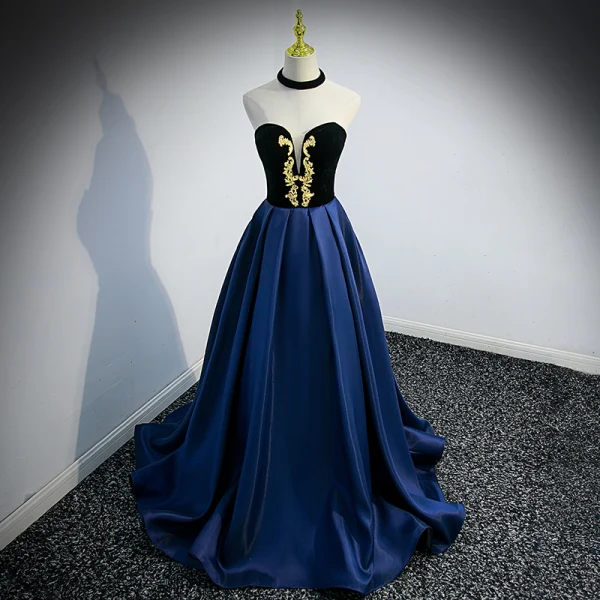 Elegant Navy Blue Suede Prom Dresses 2022 A-Line / Princess Off-The-Shoulder Puffy Short Sleeve Backless Sweep Train Formal Dresses