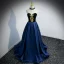 Elegant Navy Blue Suede Prom Dresses 2022 A-Line / Princess Off-The-Shoulder Puffy Short Sleeve Backless Sweep Train Formal Dresses