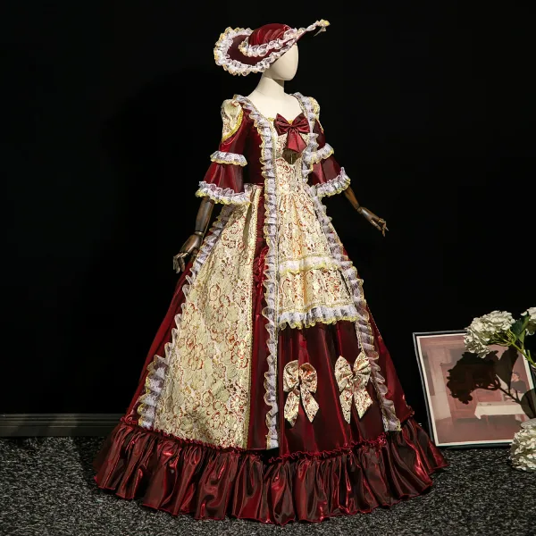 Vintage / Retro Medieval Burgundy Lace Flower Printing Bow Prom Dresses 2025 Ball Gown Square Neckline Bell sleeves Floor-Length / Long Formal Dresses