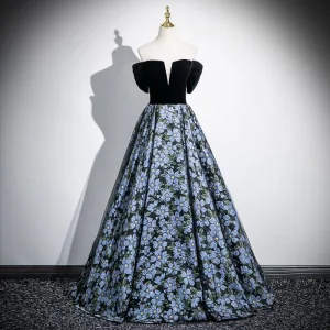 Élégant Noire Floral Robe De Bal 2025 Robe Boule De L Épaule Manches Courtes Dos Nu Longue Promo Robe De Ceremonie