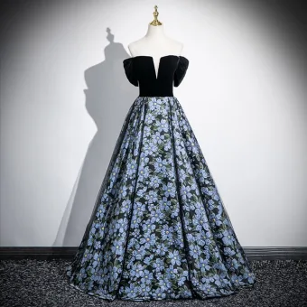 Elegante Zwarte Bloemen Galajurken 2025 Baljurk Uit De Schouder Korte Mouwen Ruglooze Lange Gala Gelegenheid Jurken