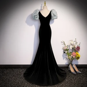 Fashion Black Suede Prom Dresses 2023 Trumpet Mermaid Square Neckline Puffy Short Sleeve Backless Bow Sweep Train Prom Formal Dresses