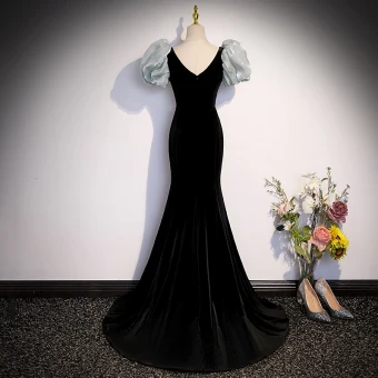 Mode Noire Daim Robe De Bal 2023 Trompette Sirène Encolure Carrée Gonflée Manches Courtes Dos Nu Noeud Train De Balayage Promo Robe De Ceremonie
