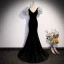 Fashion Black Suede Prom Dresses 2023 Trumpet / Mermaid Square Neckline Puffy Short Sleeve Backless Bow Sweep Train Prom Formal Dresses