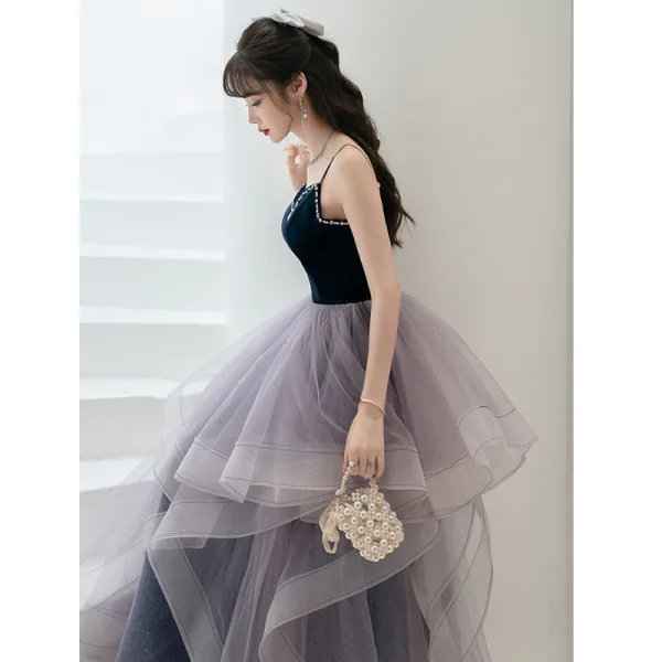 Fashion Navy Blue Cascading Ruffles Prom Dresses 2022 Ball Gown Spaghetti Straps Sleeveless Backless Floor-Length / Long Formal Dresses