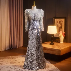 Sparkly Silver Sequins Tassel Evening Dresses 2024 Trumpet Mermaid V Neck Long Sleeve Backless Floor Length Long Evening Party Formal Dresses