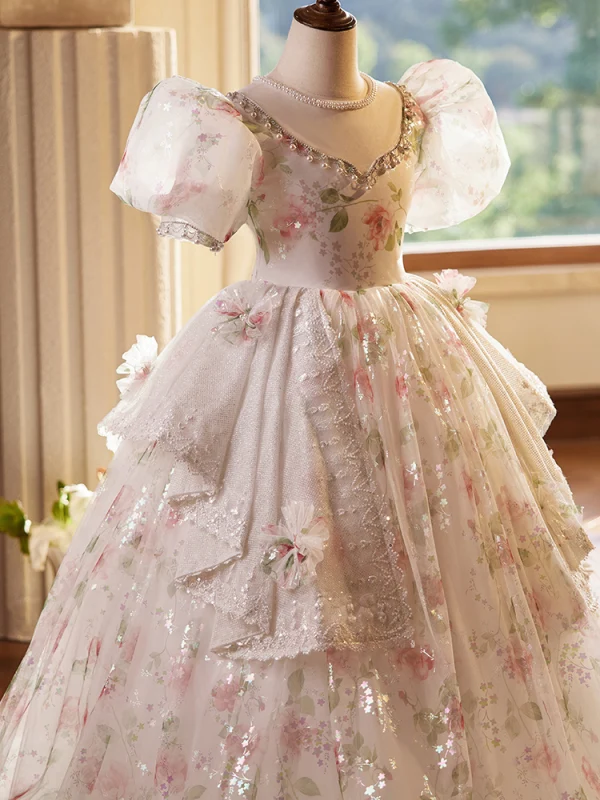 Chic / Beautiful Blushing Pink Beading Pearl Printing Birthday Flower Girl Dresses 2024 Ball Gown Scoop Neck Puffy Short Sleeve Backless Floor-Length / Long