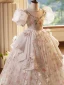 Chic / Beautiful Blushing Pink Beading Pearl Printing Birthday Flower Girl Dresses 2024 Ball Gown Scoop Neck Puffy Short Sleeve Backless Floor-Length / Long