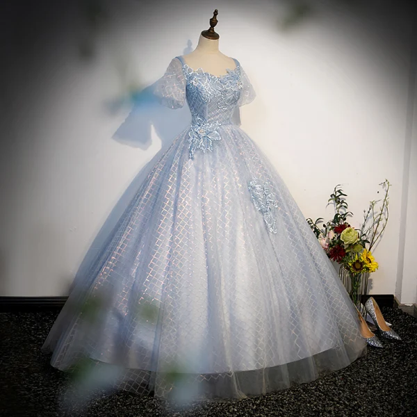 Elegant Sky Blue Beading Sequins Lace Flower Prom Dresses 2023 Ball Gown Square Neckline Bell sleeves Backless Floor-Length / Long Prom Formal Dresses