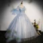 Elegant Sky Blue Beading Sequins Lace Flower Prom Dresses 2023 Ball Gown Square Neckline Bell sleeves Backless Floor-Length / Long Prom Formal Dresses