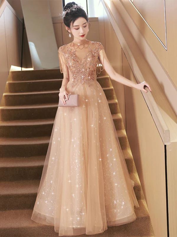 Charming Champagne Beading Tassel Sequins Evening Dresses 2023 A-Line / Princess Scoop Neck Backless Short Sleeve Floor-Length / Long Evening Party Formal Dresses