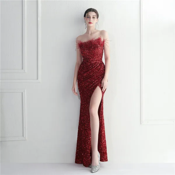 Scintillantes Rougissant Rose Paillettes Fendue devant Robe De Soirée 2024 Trompette / Sirène Bustier Gland Sans Manches Dos Nu Longue Soirée Robe De Ceremonie