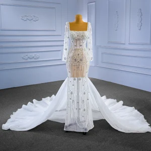 Luxury Gorgeous White Handmade Beading Pearl Rhinestone Wedding Dresses 2023 Trumpet Mermaid Square Neckline Long Sleeve Backless Chapel Train Wedding