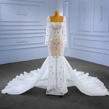 Lyx Vita Handgjort Beading Pärla Rhinestone Bröllopsklänningar 2023 Trumpet Sjöjungfru Fyrkantig Ringning Långärmad Halterneck Chapel Train Bröllop