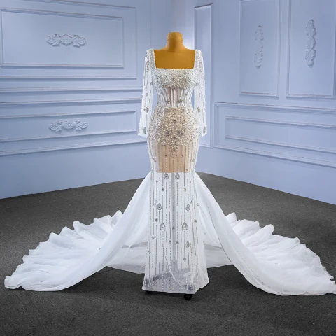 Luxus / Herrlich Weiß Handgefertigt Perlenstickerei Perle Strass Brautkleider / Hochzeitskleider 2023 Meerjungfrau Eckiger Ausschnitt Lange Ärmel Rückenfreies Kapelle-Schleppe Hochzeit