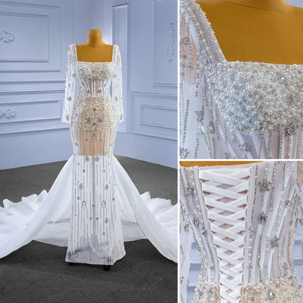 Luxe Blanche Fait main Perlage Perle Faux Diamant Robe De Mariée 2023 Trompette / Sirène Encolure Carrée Manches Longues Dos Nu Chapel Train Mariage