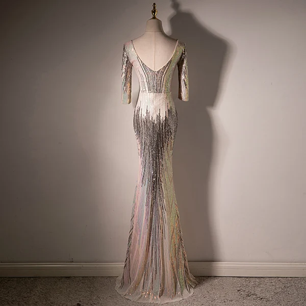 Scintillantes Sexy Champagne Paillettes Robe De Soirée 2022 Trompette / Sirène V-Cou 3/4 Manches Dos Nu Fendue devant Longue Robe De Ceremonie