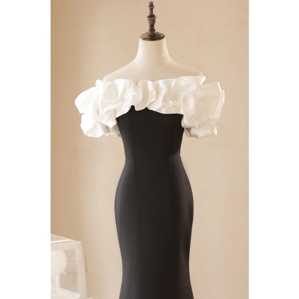Sexy Black Evening Dresses 2023 Trumpet / Mermaid Ruffle Off-The-Shoulder Short Sleeve Backless Floor-Length / Long Evening Party Formal Dresses