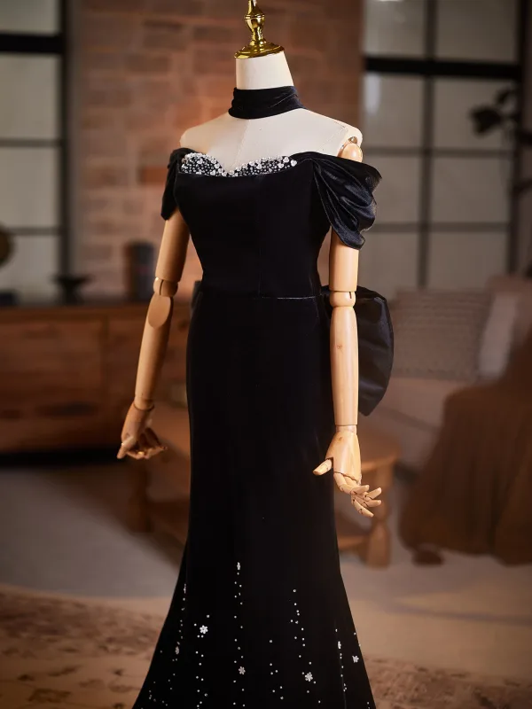 Sexy Black Sequins Velvet Evening Dresses 2026 Trumpet / Mermaid Off-The-Shoulder Short Sleeve Backless Bow Floor-Length / Long Evening Party Formal Dresses