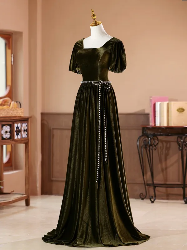Vintage / Retro Army Green Pearl Sash Velvet Prom Dresses 2026 A-Line / Princess Square Neckline Short Sleeve Backless Floor-Length / Long Formal Dresses