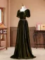 Vintage / Retro Army Green Pearl Sash Velvet Prom Dresses 2026 A-Line / Princess Square Neckline Short Sleeve Backless Floor-Length / Long Formal Dresses