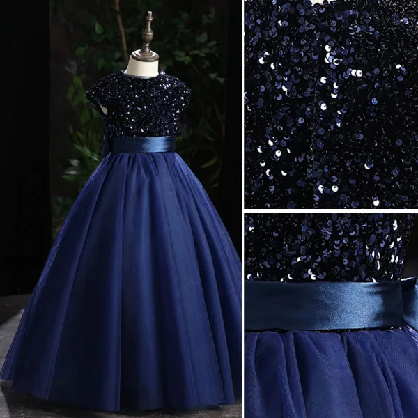 Vintage / Retro Chic / Beautiful Navy Blue Sequins Prom Flower Girl Dresses 2022 Ball Gown Scoop Neck Bow Sash Sleeveless Floor-Length / Long Flower Girl Dresses