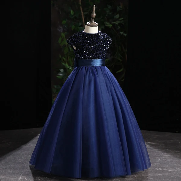 Vintage / Retro Chic / Beautiful Navy Blue Sequins Prom Flower Girl Dresses 2022 Ball Gown Scoop Neck Bow Sash Sleeveless Floor-Length / Long Flower Girl Dresses
