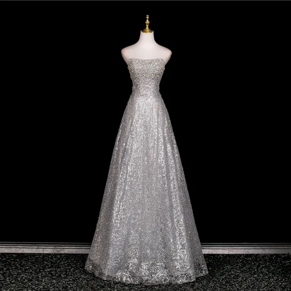 Glitzernden Sexy Silber Perlenstickerei Strass Pailletten Abendkleider 2025 A Linie Bandeau Ärmellos Rückenfreies Lange Festliche Kleider