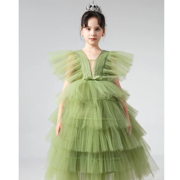 Chic / Belle Vert Cendré Volants en Cascade Anniversaire Robe Ceremonie Fille 2022 Princesse V-Cou Manches Courtes Dos Nu Longue Robe Ceremonie Fille