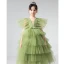 Chic / Belle Vert Cendré Volants en Cascade Anniversaire Robe Ceremonie Fille 2022 Princesse V-Cou Manches Courtes Dos Nu Longue Robe Ceremonie Fille