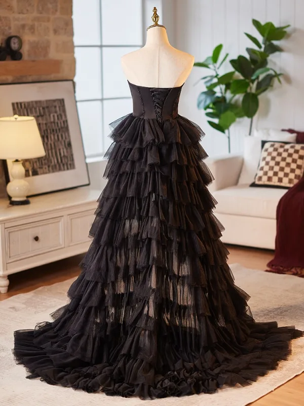 Charming Black Cascading Ruffles Asymmetrical Prom Dresses Cocktail Dresses 2024 A-Line / Princess Strapless Sleeveless Backless Cocktail Party