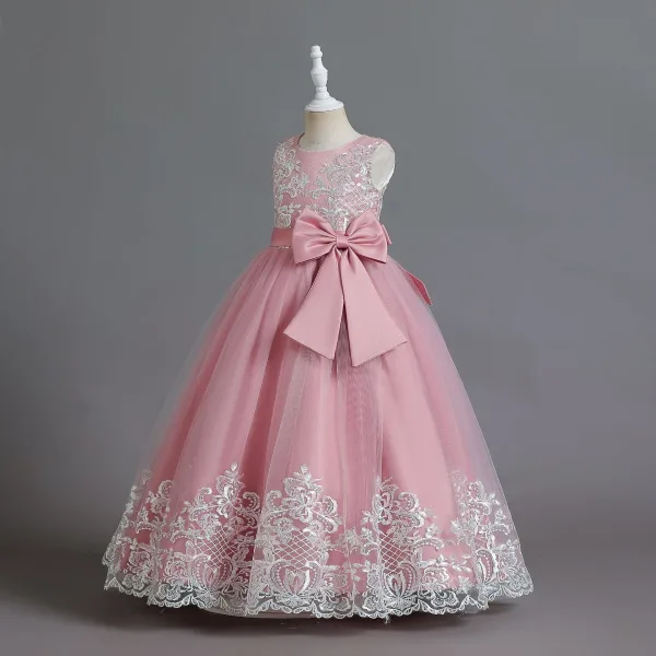 Elegant Burgundy Birthday Lace Flower Flower Girl Dresses 2023 A-Line / Princess Scoop Neck Sleeveless Bow Sash Floor-Length / Long Flower Girl Dresses