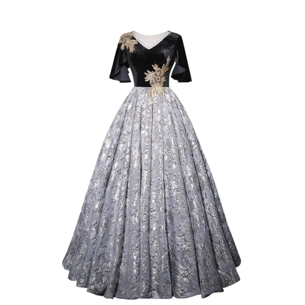 Élégant Noire Perlage Paillettes Impression Robe De Bal 2022 Princesse V-Cou Manches Courtes Dos Nu Longue Promo Robe De Ceremonie