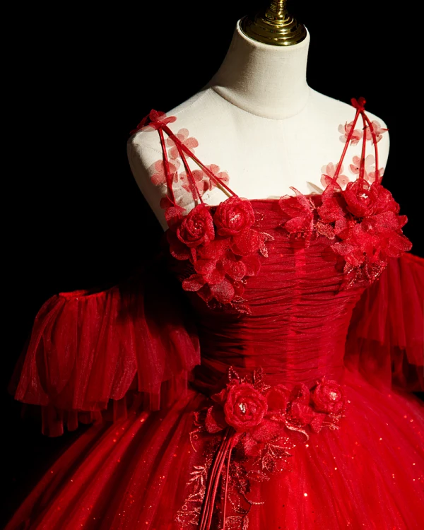 Elegant Red Beading Lace Flower Appliques Prom Dresses 2023 Ball Gown Spaghetti Straps Rhinestone Short Sleeve Backless Floor-Length / Long Prom Formal Dresses