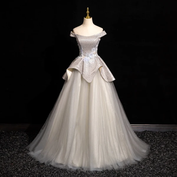 Charmant Ivory / Creme Perlenstickerei Pailletten Ballkleider 2024 Ballkleid Off Shoulder Ärmellos Rückenfreies Lange Ball Festliche Kleider